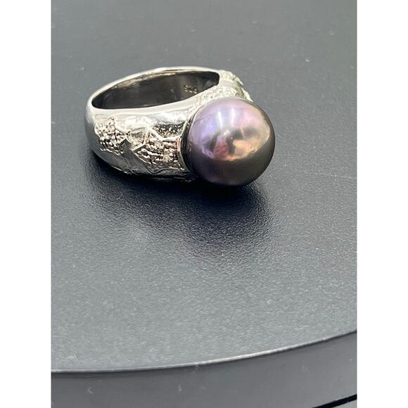 RT Platinum Sterling 12mm Black Cultured Freshwater Pearl Diamond Star Ring 7.25 - Picture 9 of 12